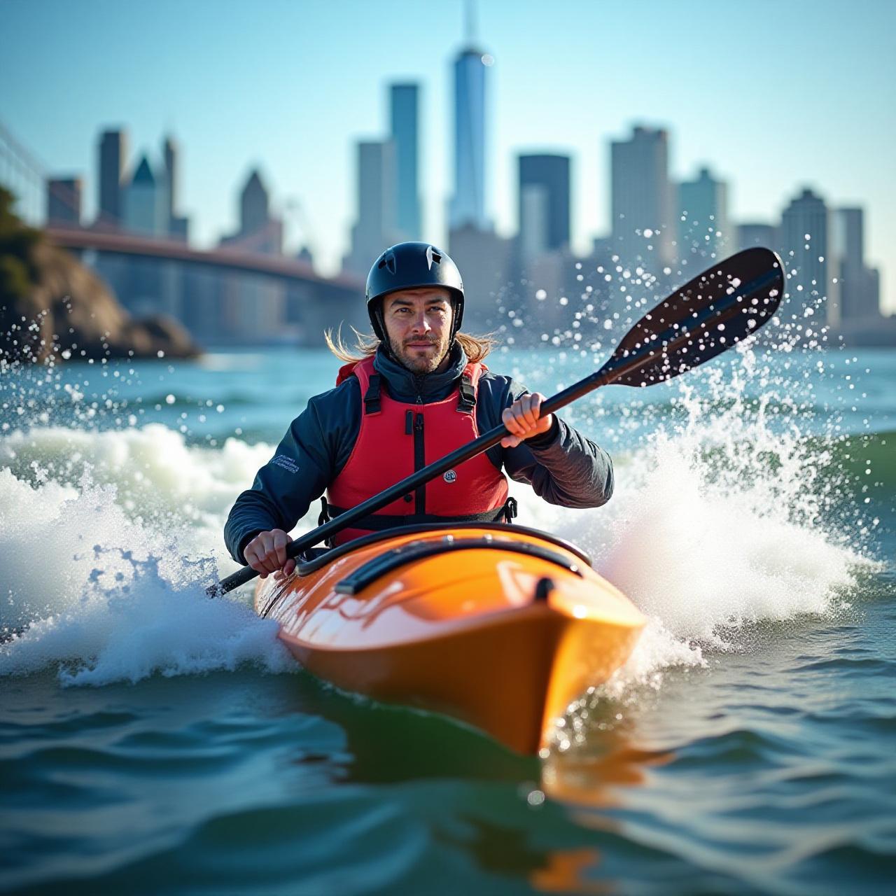 Advanced kayaker navigating technical coastal waters in New York
