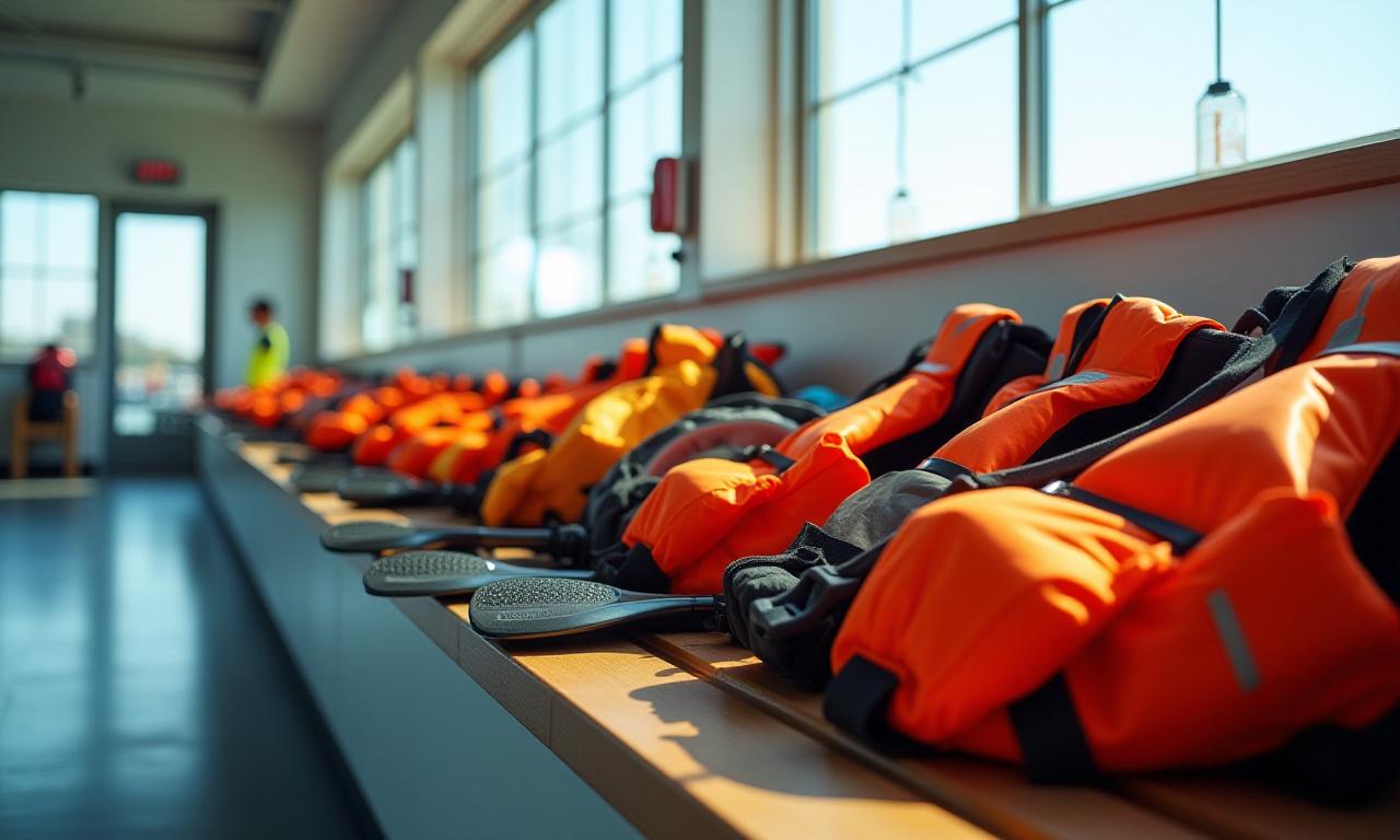 Kayaking gear organized at the NYC facility