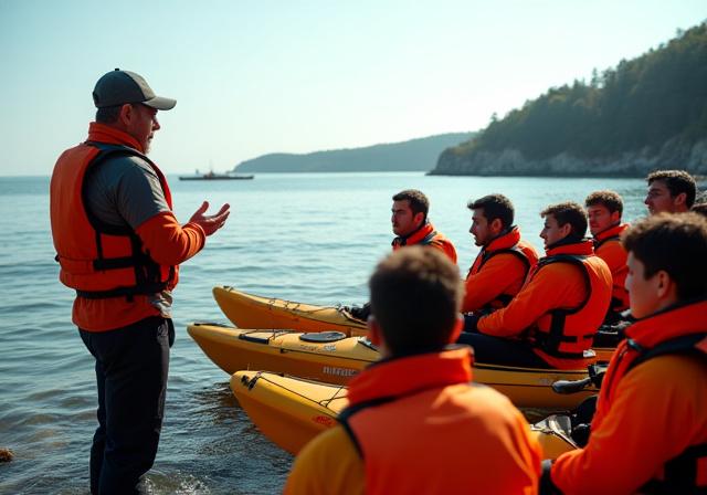 Kayakers gathering for a safety briefing on a New York coastline