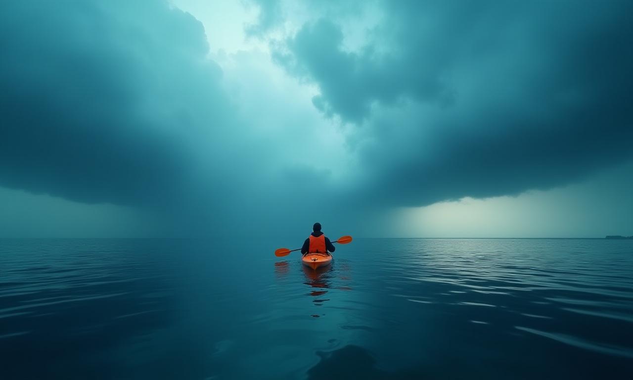 Kayaker observing dramatic storm clouds in the distance