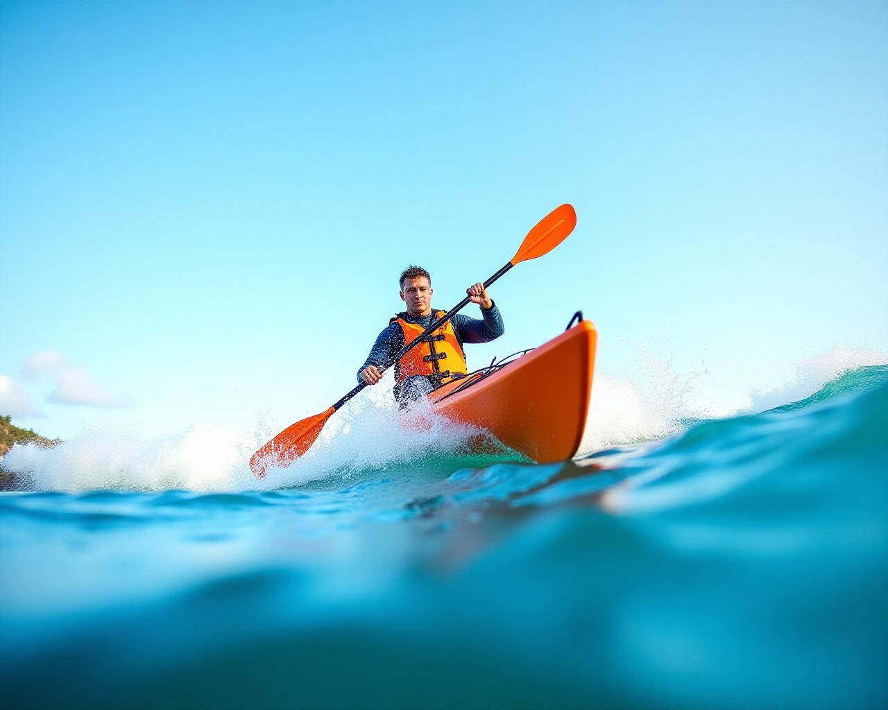Kayaker performing a high-angle paddle stroke in dynamic water